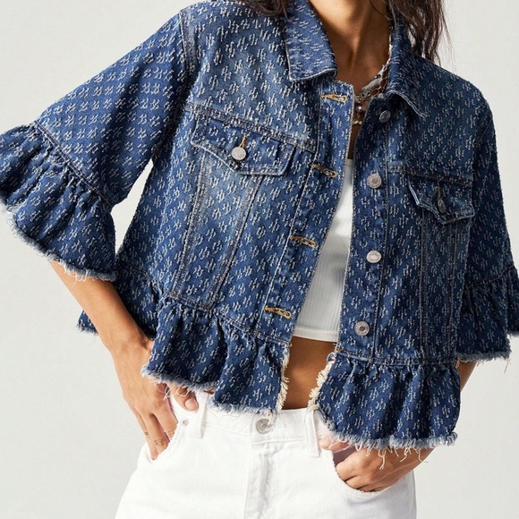 Dark Wash Button up Loose Fit Ruffle Hem Jacket - Picture 6 of 7